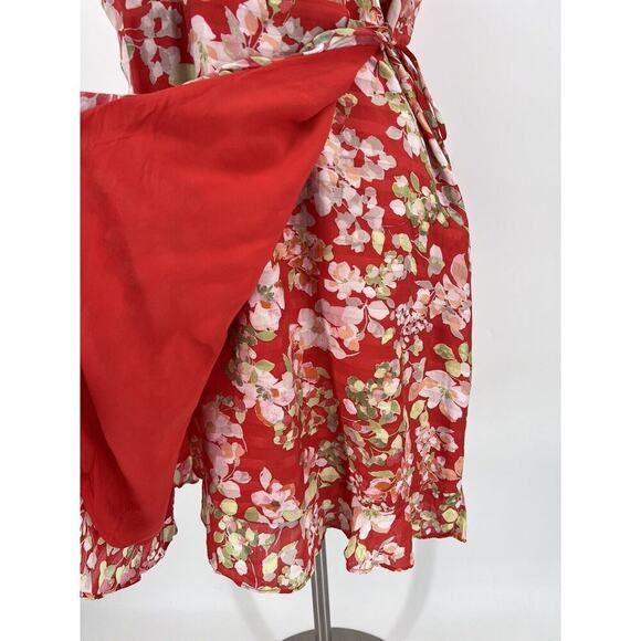 J. Jill Papaya Floral Ruffle Wrap Dress Size Medium Short Flutter Sleeves Lined - Picture 5 of 16